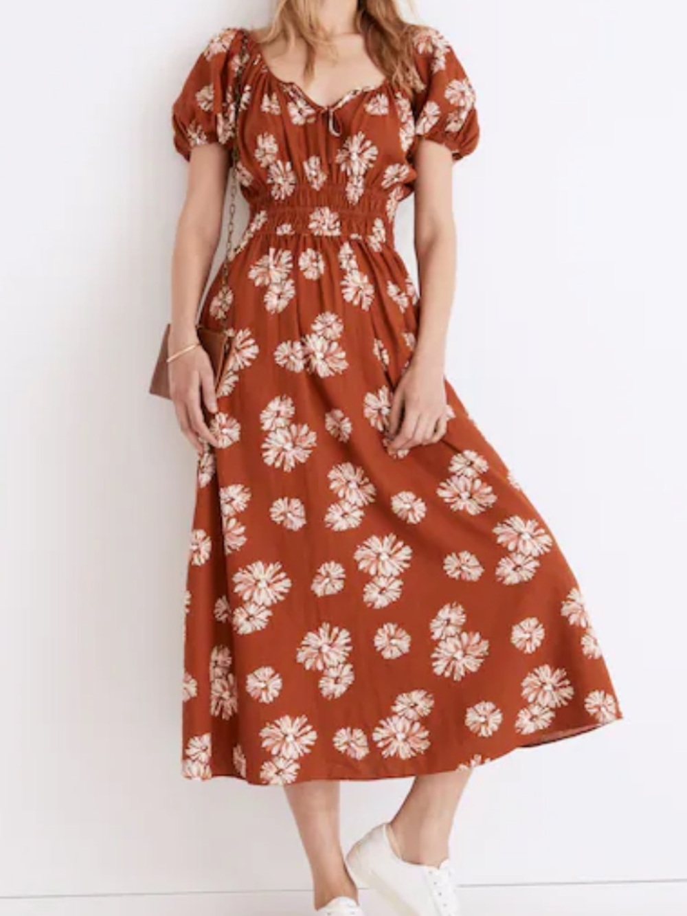 Madewell Linen-Blend Sophia Midi Dress Floral Rusty Torch Colored Size Medium.